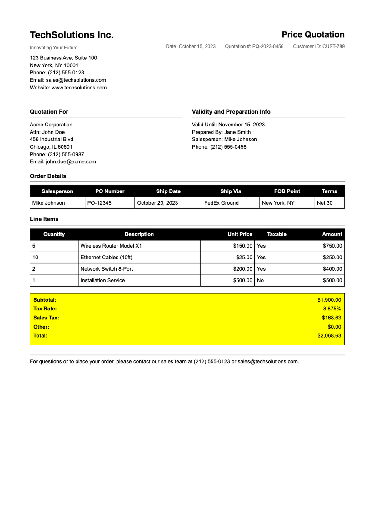 Professional price quotation template with itemized list and tax calculation_variant_1